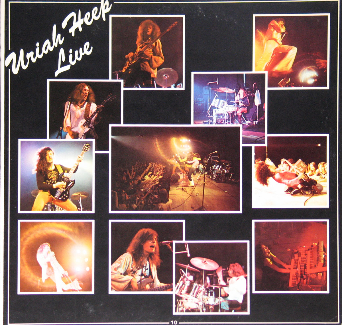 Collage of Uriah Heep performing live, featuring dynamic stage shots of the band members including the bassist, lead vocalist, guitarist, drummer, and keyboardist, capturing the energy and charisma of their 1970s concert performances